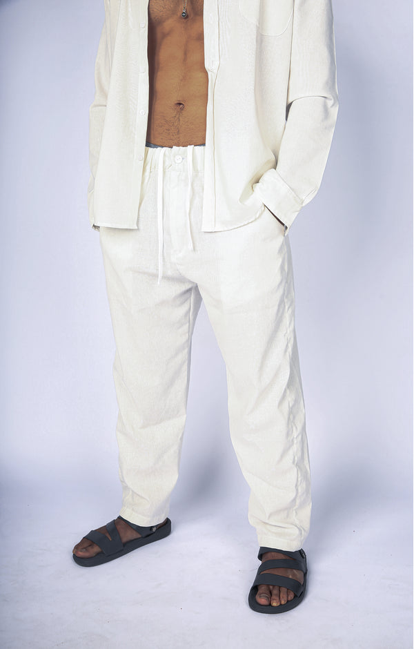Cream White Linen Blend Pants