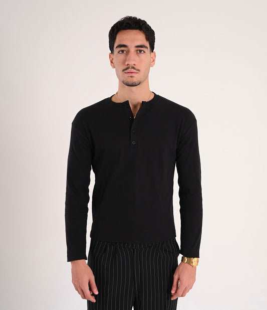 Black Henley Ribbed Shirt