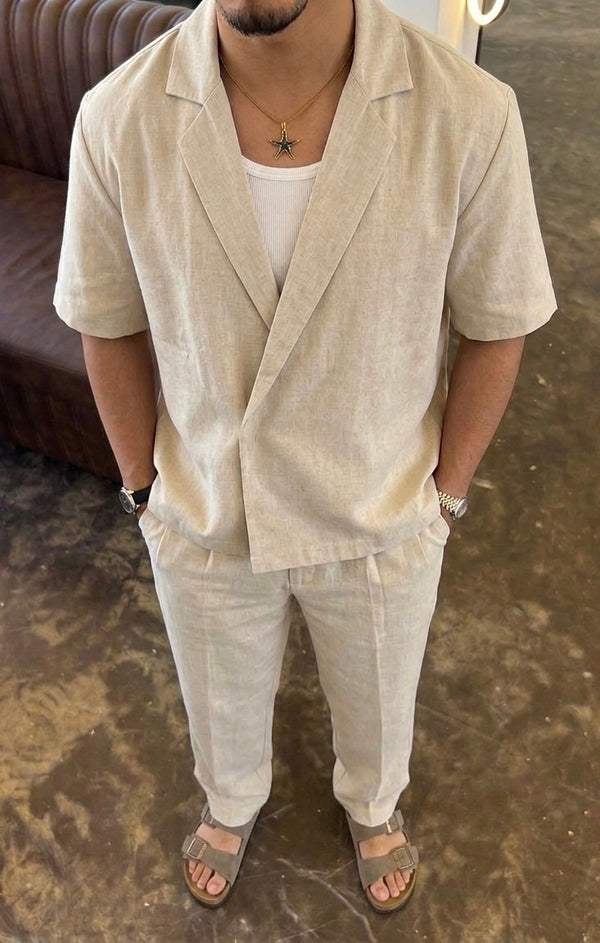 Double-Breasted Boxy Shirt - Beige