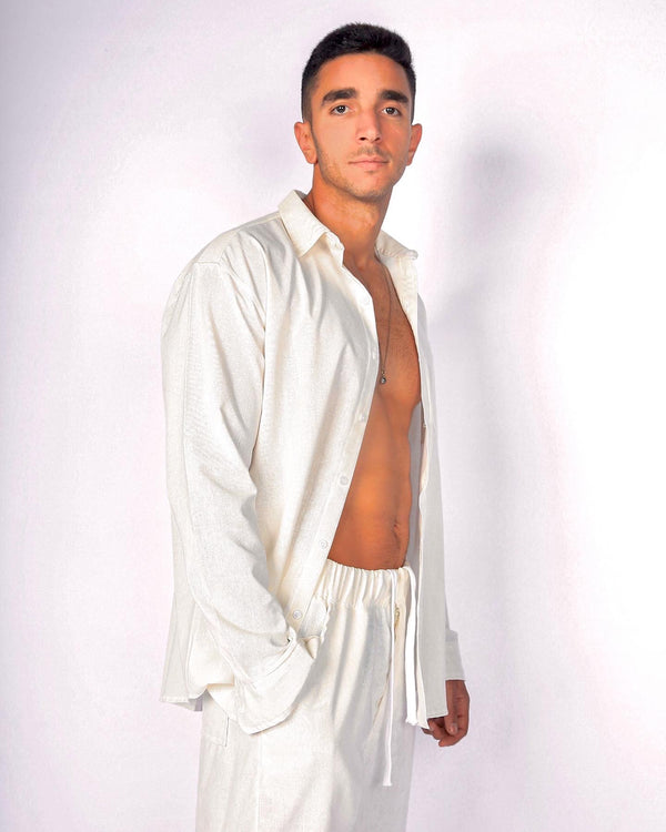 Cream White Linen Blend Shirt