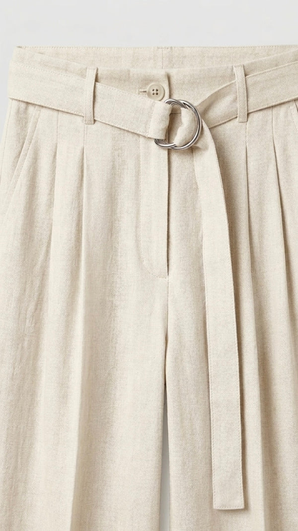 Beige Belted Linen Pants