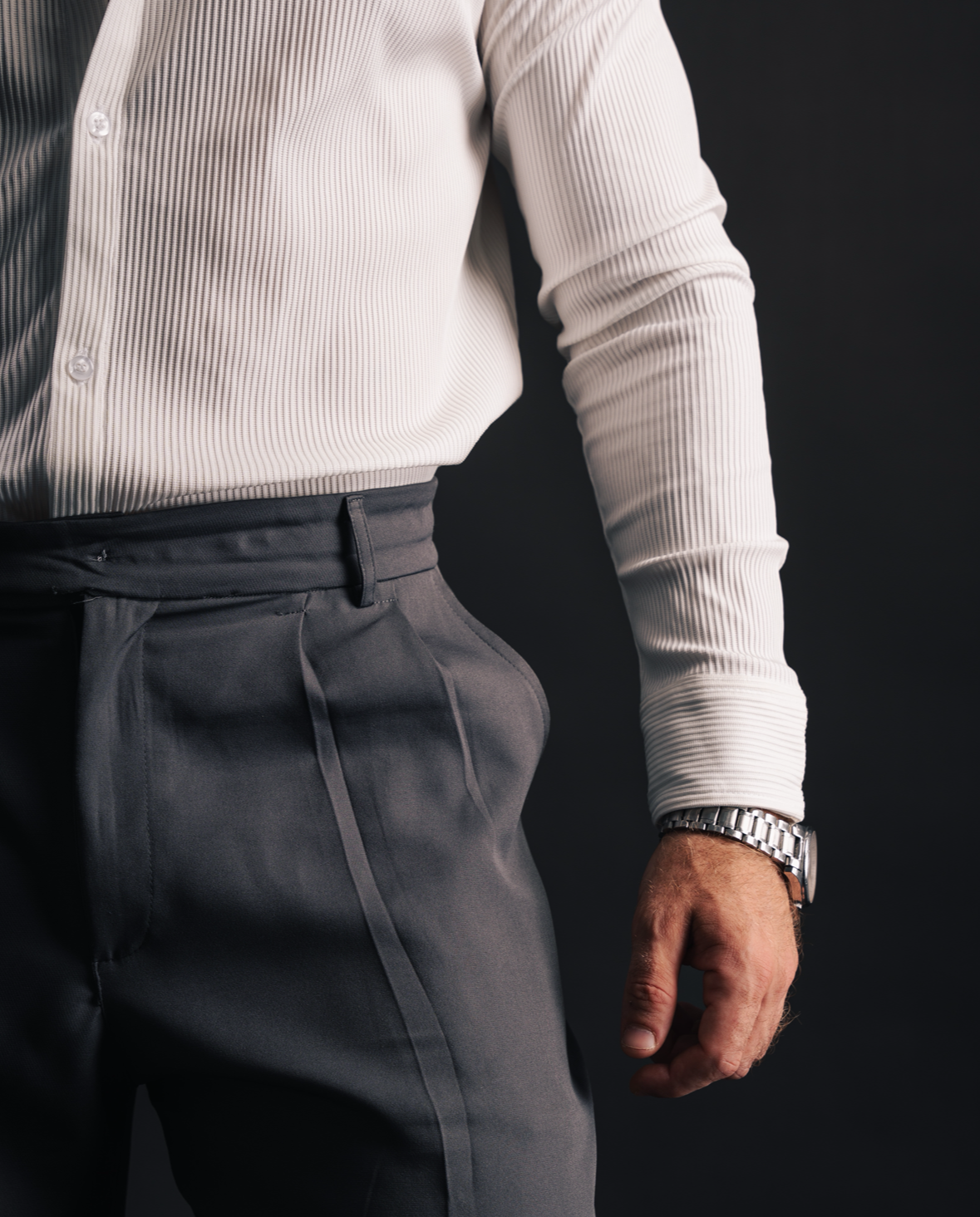 White Slim long sleeve pleated shirt