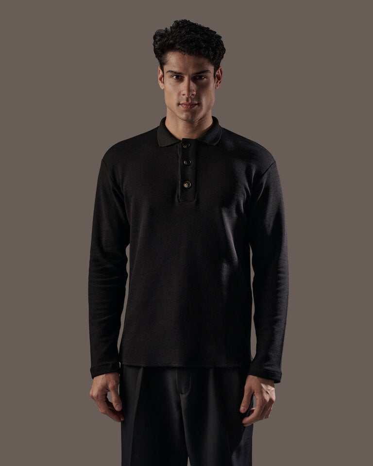 Jet Black Textured Polo Shirt