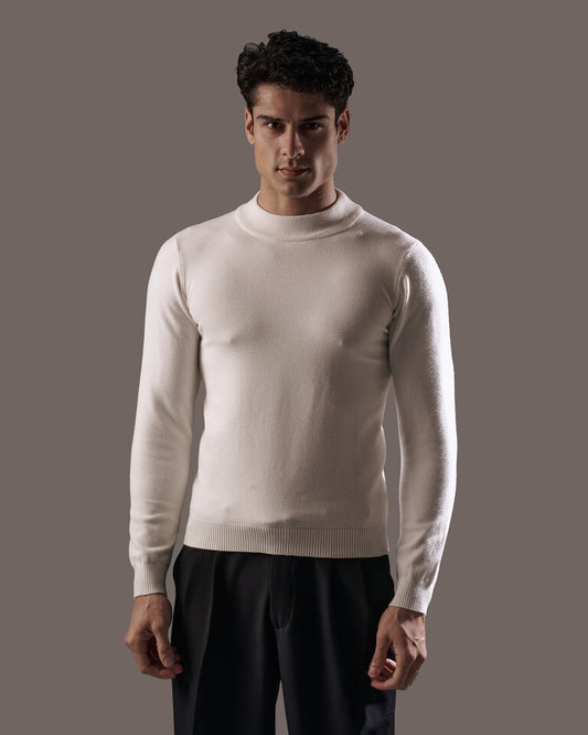 White Mock Neck Knitted Sweater